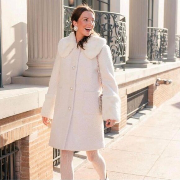 Nicola Bathie x Antonio Melani Vivienne Boucle Faux Fur Collar Pearl Button Coat - Picture 1 of 5